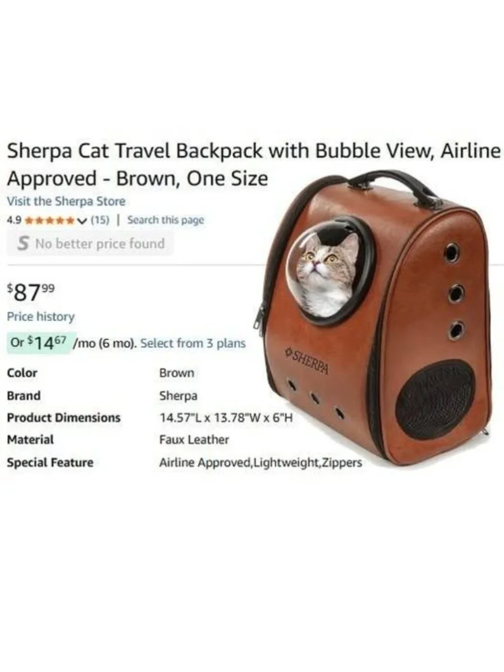 BRAND NEW Sherpa Bubble Cat or dog Carrier Backpack - Picture 2 of 6